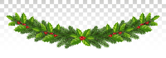 Long garland of spruce branches, holly and red berries. Festive wide decor. Panorama. vector.Eps 10. © 151115
