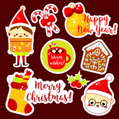 Christmas stickers. Cute Santa, elf, socks and other New Year holiday symbols in kawaii style. Collection of isolated vector design elements for seasonal design and wishes