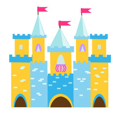 Fairy tale castle with turrets. Princess palace. Vector illustration for children, kids tales