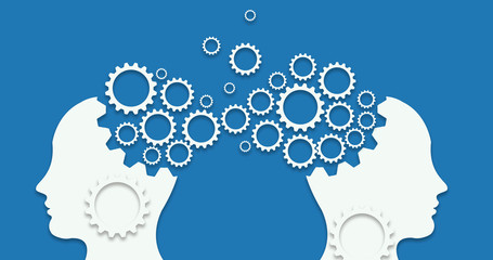 Two heads profiles connected by large machine cogwheel on a blue background