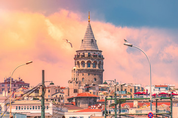 Galata Tower at sunset in Istanbul, Turkey