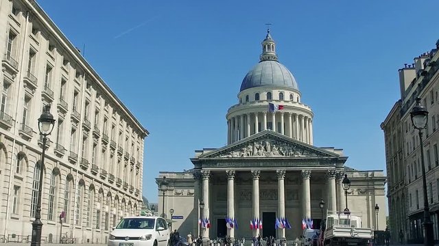 National Pantheon building, front view with street traffic and people, cinematic SLOW MOTION