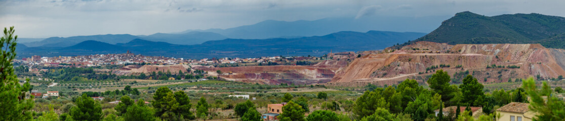 Fototapeta na wymiar Kaolin strip mine and mining town, panorama