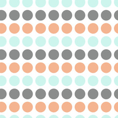 Monochrome seamless background. Abstract geometric vector pattern with gray, mint and orange dots on white backdrop. EPS10.