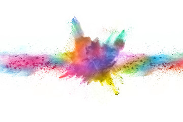 Obraz na płótnie Canvas abstract powder splatted background. Colorful powder explosion on white background. Colored cloud. Colorful dust explode. Paint Holi.