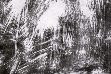 Black with grey ink texture with abstract washes and brush strokes on white watercolor paper background.