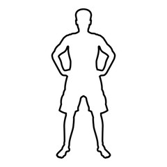 Man holding hands on belt confidence concept silhouette serious master of the situation front view icon black color outline