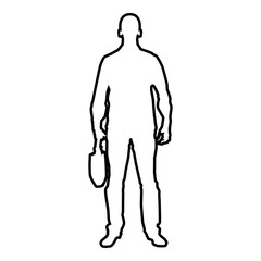 Businessman with briefcase Man with a business bag in his hand silhouesse front view icon black color illustration  outline