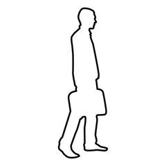 Businessman with briefcase step forward Man with a business bag in his hand silhouesse icon black color illustration  outline