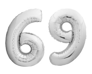 Silver chrome number 69 sixty nine made of inflatable balloon on white