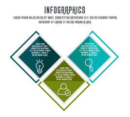 Flat vector illustration. Infographic template with three elements, quadrilaterals with icons. Designed for business, presentations, web design, process diagrams, training with 3 steps