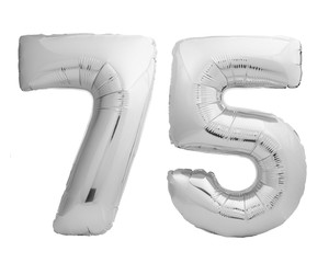 Silver chrome number 75 seventy five made of inflatable balloon on white