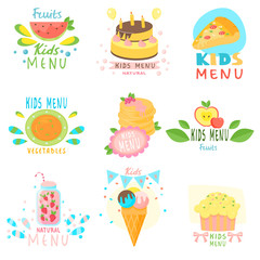 Set of stickers of natural children s menu with colorful images of natural fruits, sweets, ice cream, children s delicious drinks.