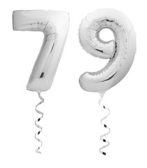 Silver chrome number seventy nine 79 made of inflatable balloon with ribbon on white