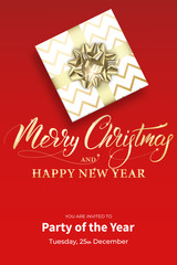 Christmas party poster template. Winter holiday design with glossy Xmas gift. Christmas card