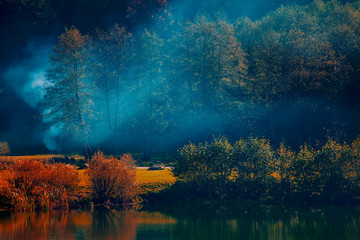 Beautiful nature landscape, amazing view of autumn lake. Magic colours of Indian Summer. Breathtaking wallpaper.
