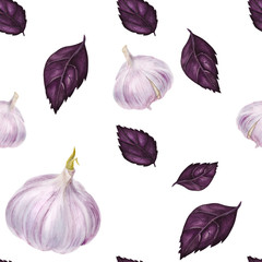 Seamless pattern by purple basil and garlic