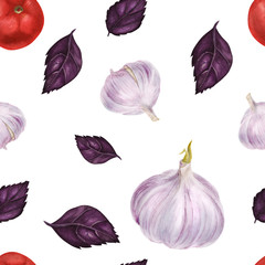 Seamless pattern purple basil, tomato and garlic