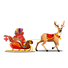 Christmas sketch with animated deer with red blanket and sleigh with bag of Santa Claus with gifts. Sample of Christmas poster, party invitation and other cards. Vector cartoon close-up illustration.