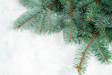 Christmas frame made of branches of a New Year tree. Christmas wallpaper. Flat lay, top view, copy space