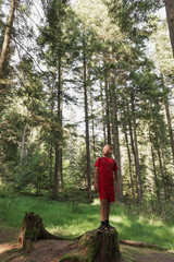The happy boy standing on a stump in the forest and looking aside