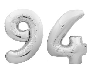 Silver chrome number number 94 ninety four made of inflatable balloon on white