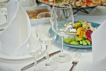 delicious dishes on the table in the restaurant. serving table.
