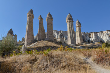 giant sandstone hoodoos in Love Valley (Baglidere Vadisi) Goreme, Nevsehir province, Turkey