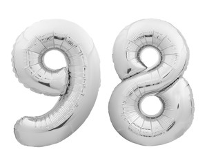 Silver chrome number number 98 ninety eight made of inflatable balloon on white