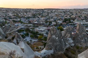 Fototapeta na wymiar Goreme town centre at sunset Cappadocia, Turkey