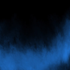 Blue fog and mist effect on black stage studio showcase room background.