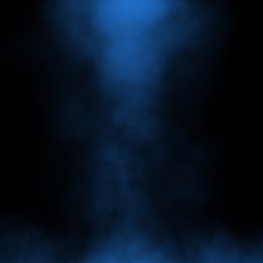 Blue fog and mist effect on black stage studio showcase room background.