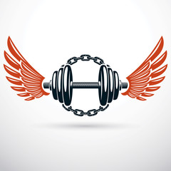 Dumbbell vector illustration with wings and surrounded by iron chain. Fitness workout and power lifting sport equipment.