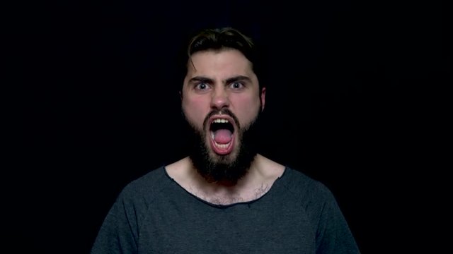 Portrait of roar handsome man with beard standing and screaming with big open mouth, isolated on black background. Young angry bearded man shouting and screaming
