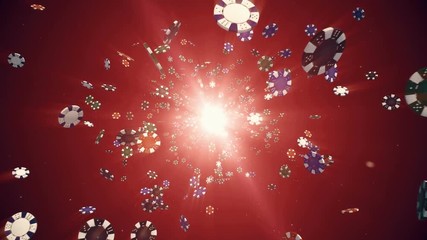 Flying casino chips in camera in slow motion with rays of light on a red background, seamless loop animation - Powered by Adobe