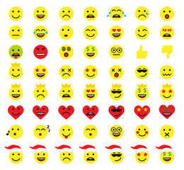 Set of emoticons or emoji yellow icons. Smile and heart icons line art isolated illustration on white background. Vector cartoonish icon in red santa hat for greeting card or web banner