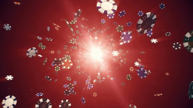 Flying casino chips in camera in slow motion with rays of light on a red background, seamless loop animation