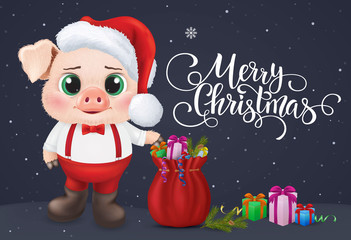 Cute pig character. Happy new year invitation card. Vector Illustration EPS10.