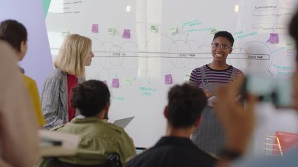 creative team meeting african american woman presenting project development strategy on whiteboard diverse group of business people working together sharing ideas enjoying leadership support