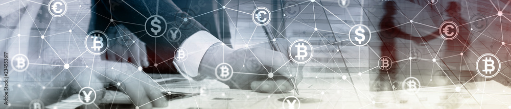 Poster double exposure bitcoin and blockchain concept. digital economy and currency trading. website header