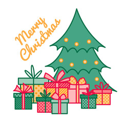 Wrapped gifts and presents under Christmas tree with greeting sign Merry Christmas, New Year illustration, line art