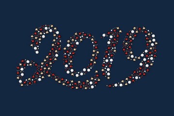 Minimal christmas background composition. 2019 text with scattered red, gold, white decoration balls and stars on dark blue background. 3D rendering.