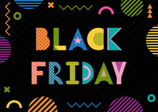 Black Friday. Trendy geometric font in memphis style of 80s-90s. Inscription and abstract geometric figures on black background