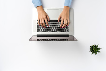 Fototapeta na wymiar Overhead shot of woman working on laptop