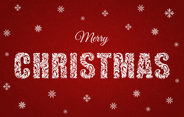 Naklejka premium Merry Christmas. Lettering Inscription. Decorative Font made of swirls and floral elements. White letters on a red background with tracery