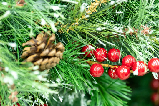 Christmas decorations, wreaths and balls, new year holiday