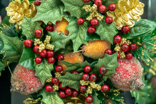Christmas decorations, wreaths and balls, new year holiday