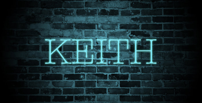 first name Keith in blue neon on brick wall
