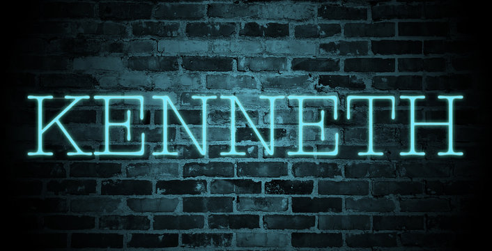 first name Kenneth in blue neon on brick wall