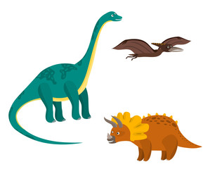 Cute cartoon colorful dinosaurs set. Nice bright diplodocus, pterodactyl, triceratops characters for children apps, wrapping paper design, educational books, stickers